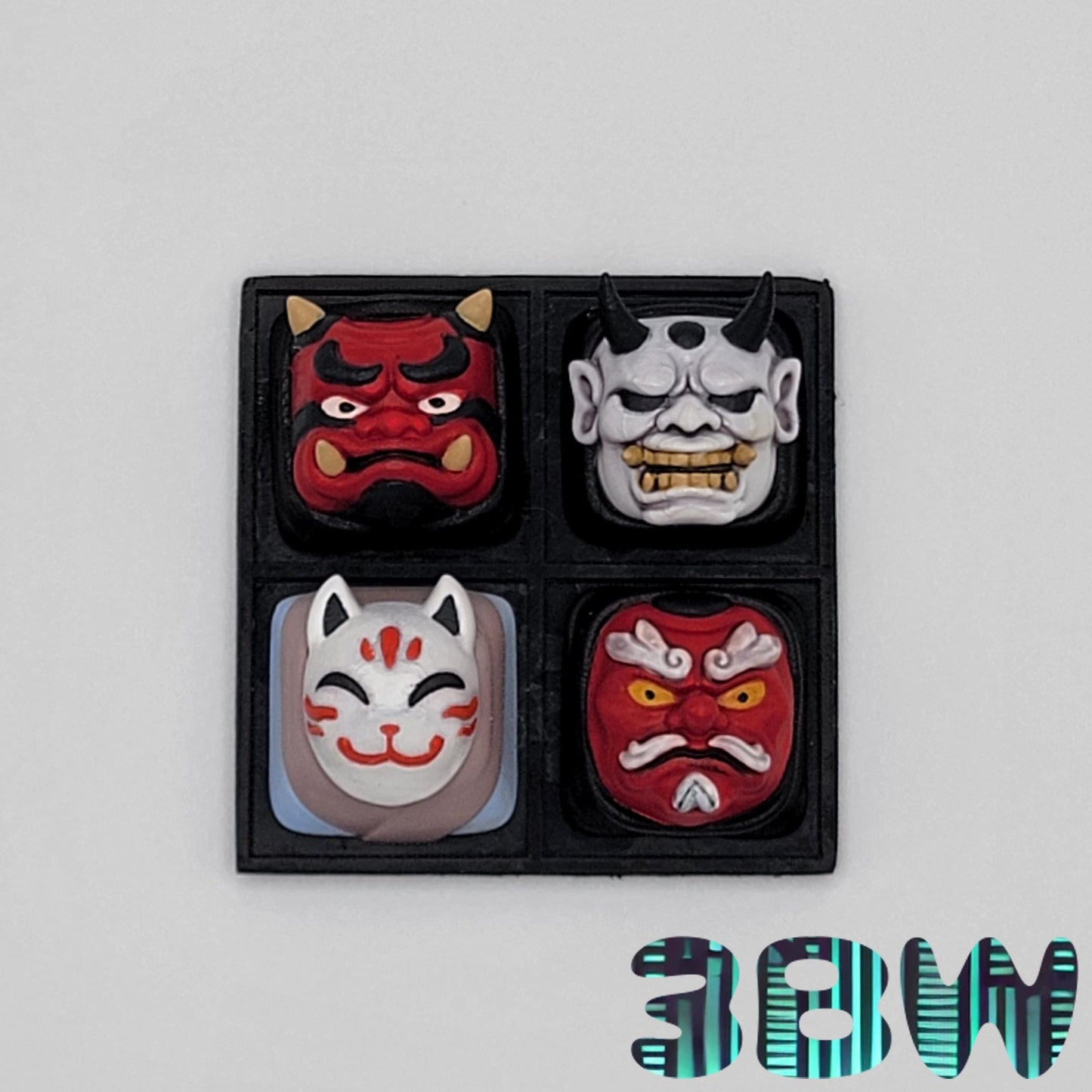 Japanese Mask Keycap Set | Handpainted Resin Artisan Caps | Cherry MX Compatible | Oni, Hannya, Kitsune, Tengu