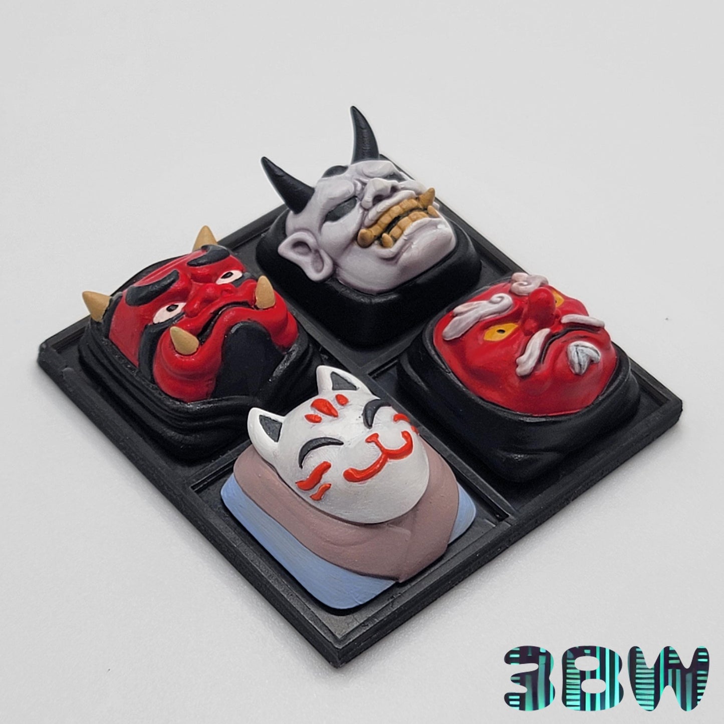 Japanese Mask Keycap Set | Handpainted Resin Artisan Caps | Cherry MX Compatible | Oni, Hannya, Kitsune, Tengu