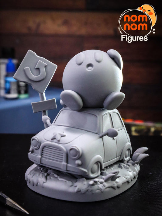 Chibi Kirby on Broken Car | 2.5-Inch Resin Model Kit | DIY U-Turn Scene with Flat Tires