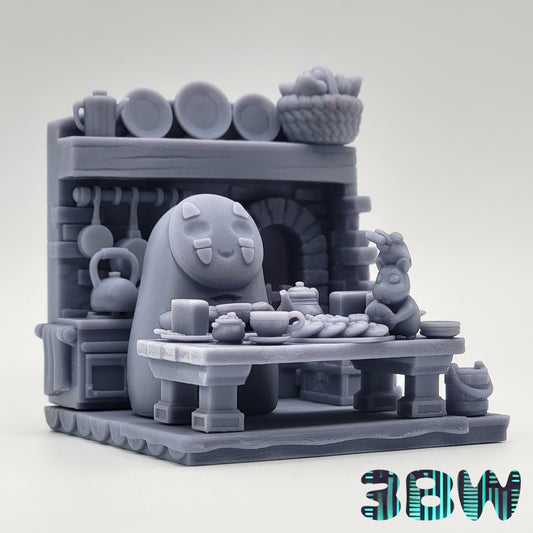 Chibi No-Face | 3-Inch Resin Model Kit | DIY Spirited Away Kitchen Scene with Tea and Cake