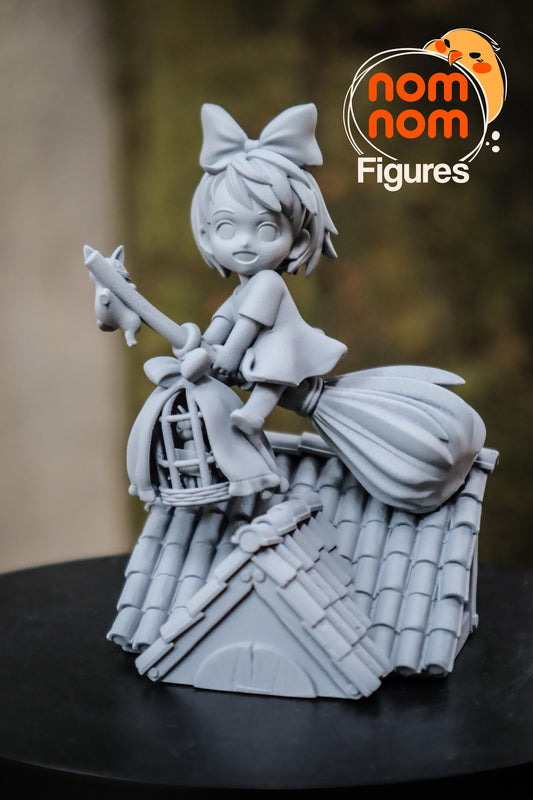 Chibi Kiki on Broom | 3.5-Inch Resin Model Kit | DIY Kiki's Delivery Service Flying Scene with Cats