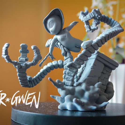 Chibi Spider-Gwen | 3-Inch Resin Model Kit | DIY Rooftop Battle Scene with Mecha Tentacles